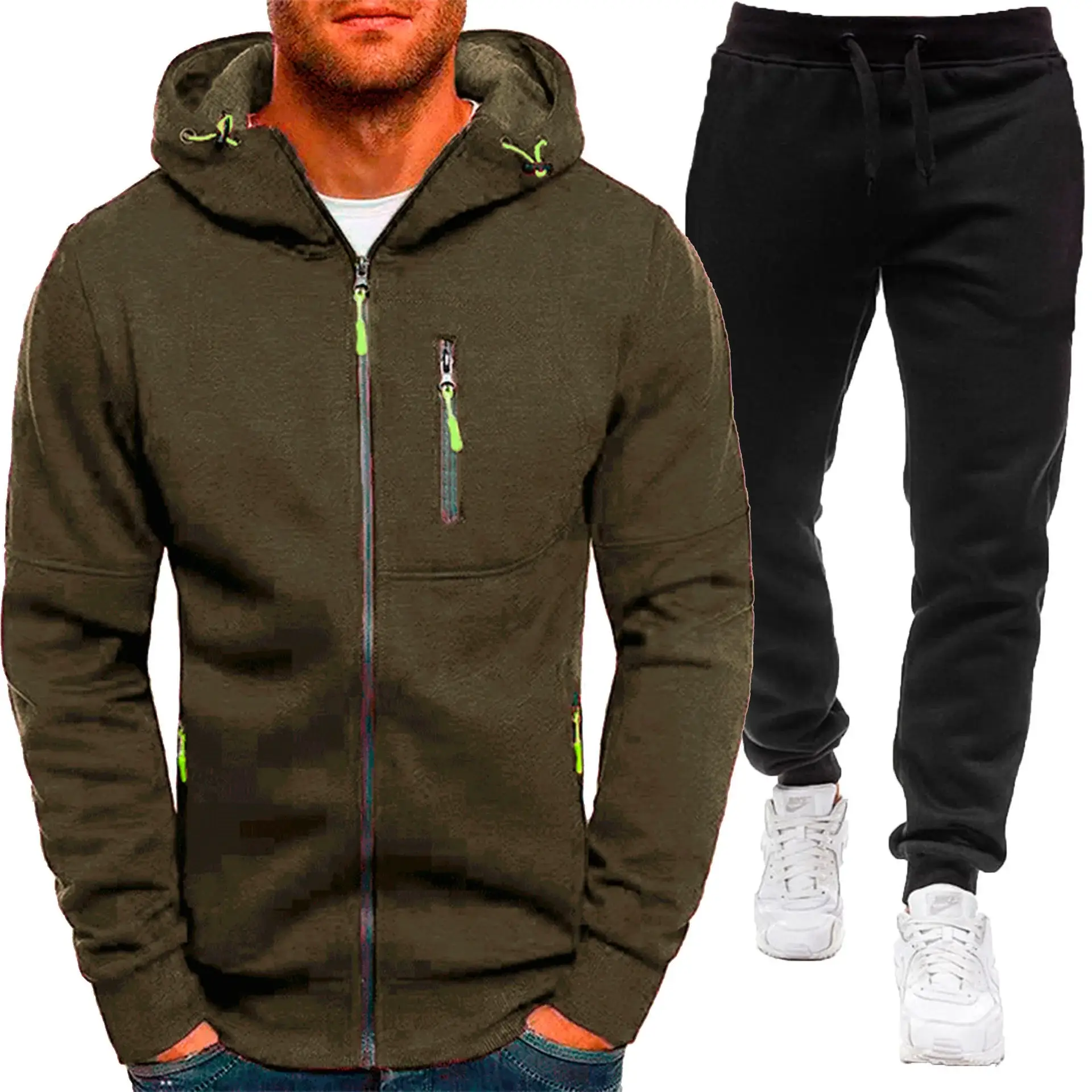 Men Hooded Zipper Track Suit Olive Green 2024 — feature 8