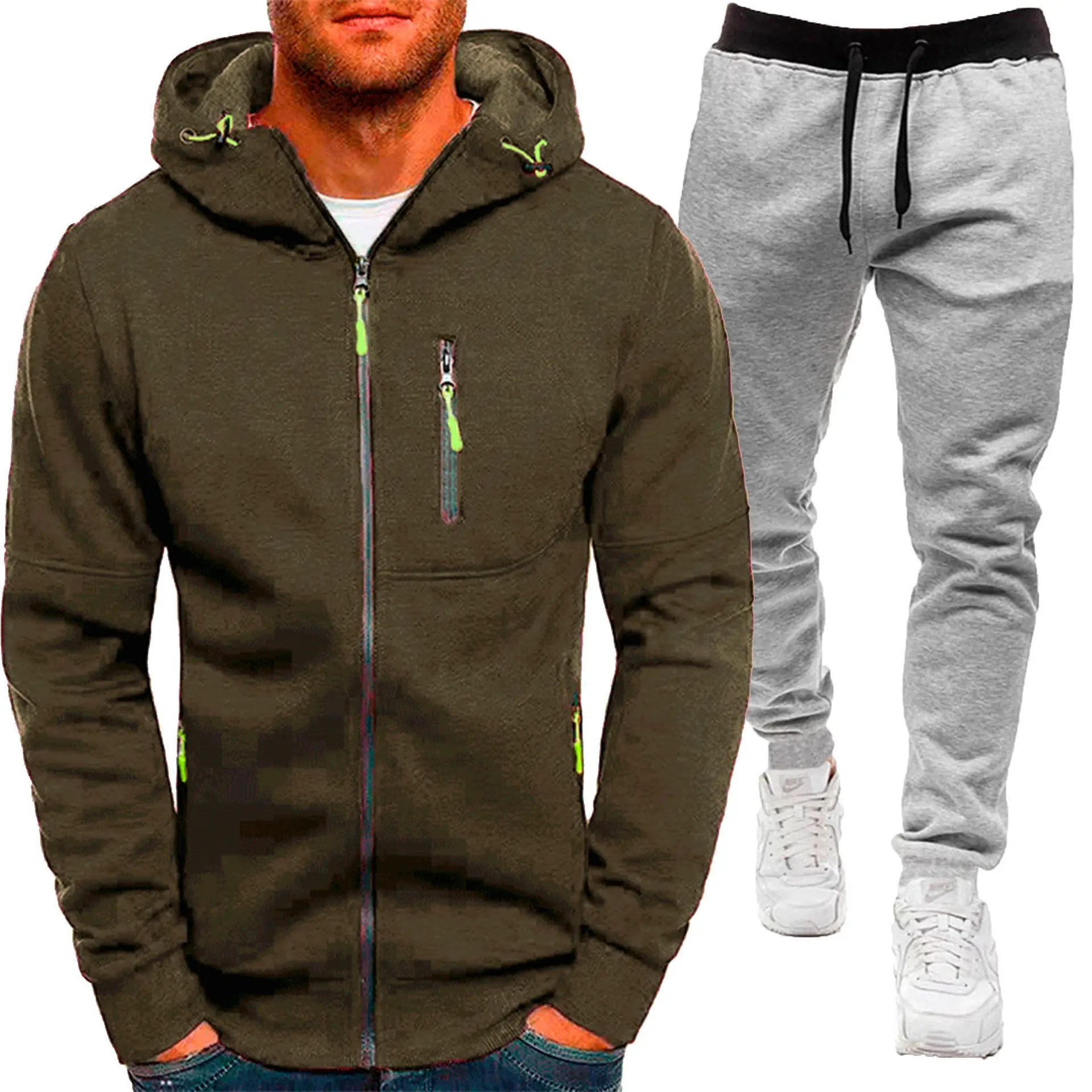 Men Hooded Zipper Track Suit Olive Green 2024 - Image 14