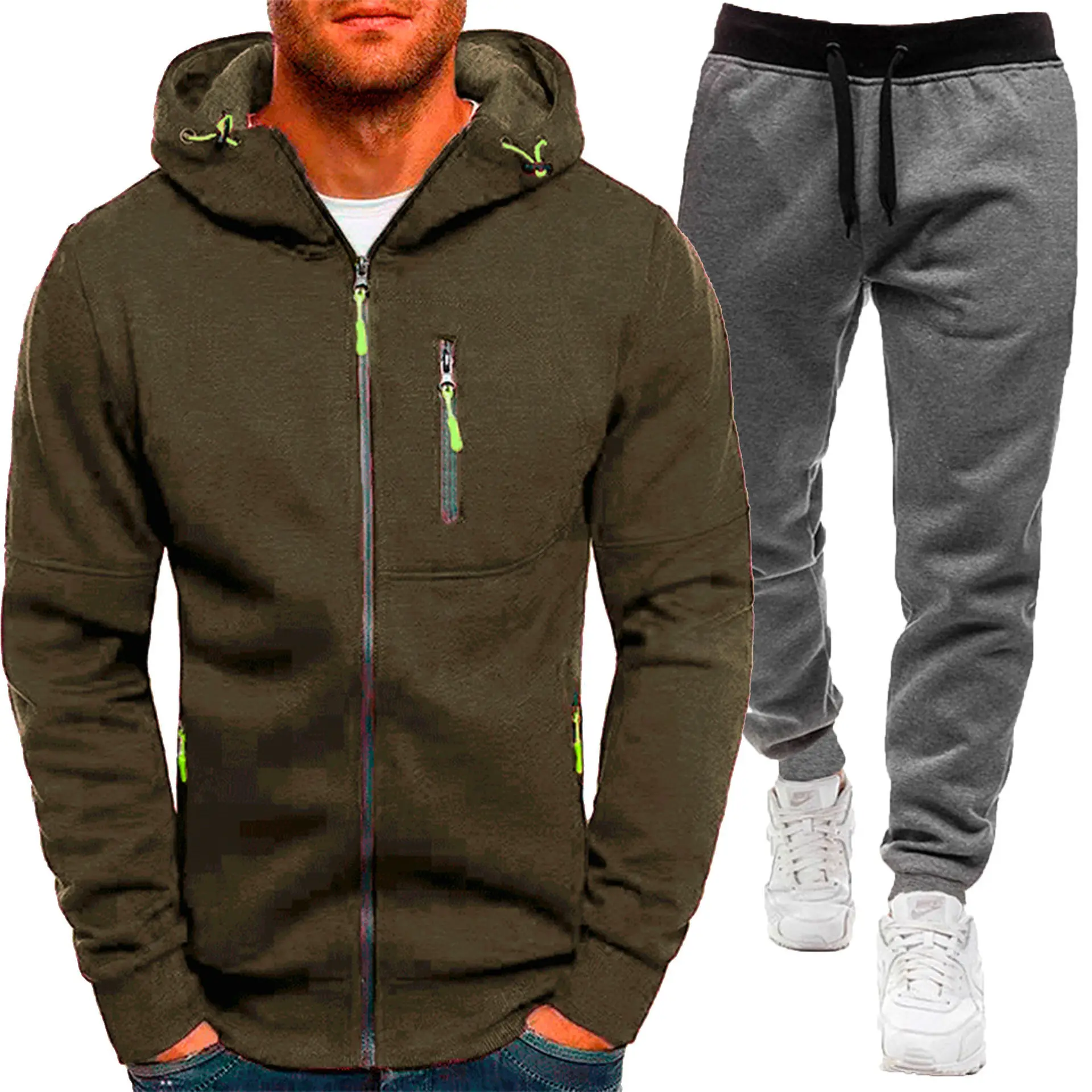 Men Hooded Zipper Track Suit Olive Green 2024 - Image 21