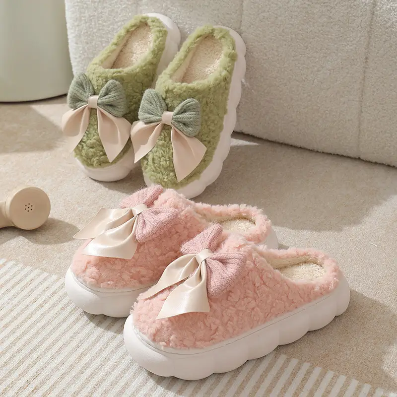 Cotton Slippers Women's Autumn and Winter 2024 New Household Cute Cartoon Bow Rabbit Warm Plush Cotton Slippers Women