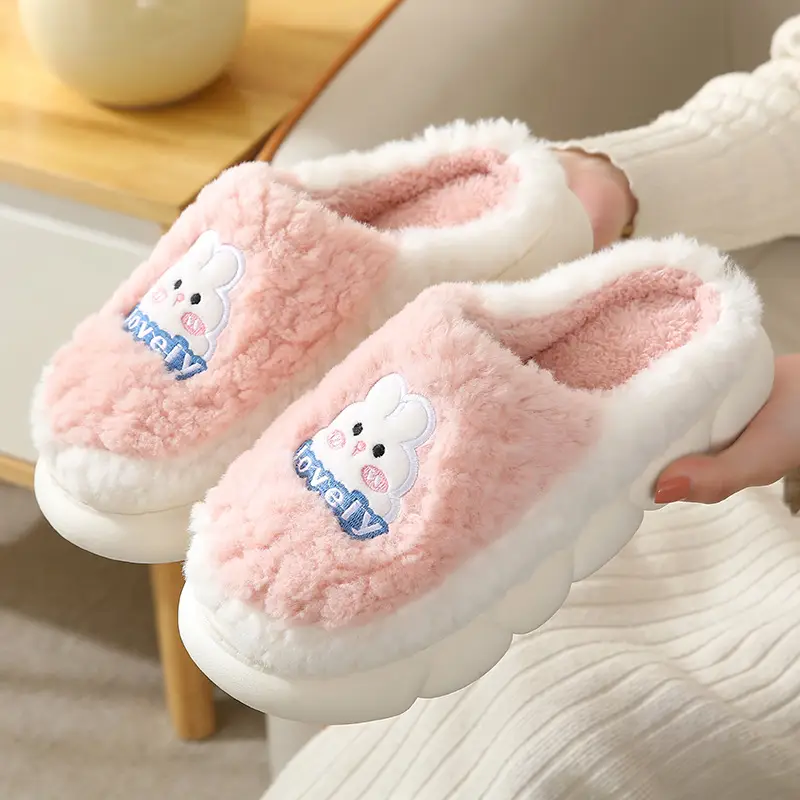 Cotton Slippers Women's Autumn and Winter 2024 New Household Cute Cartoon Bow Rabbit Warm Plush Cotton Slippers Women