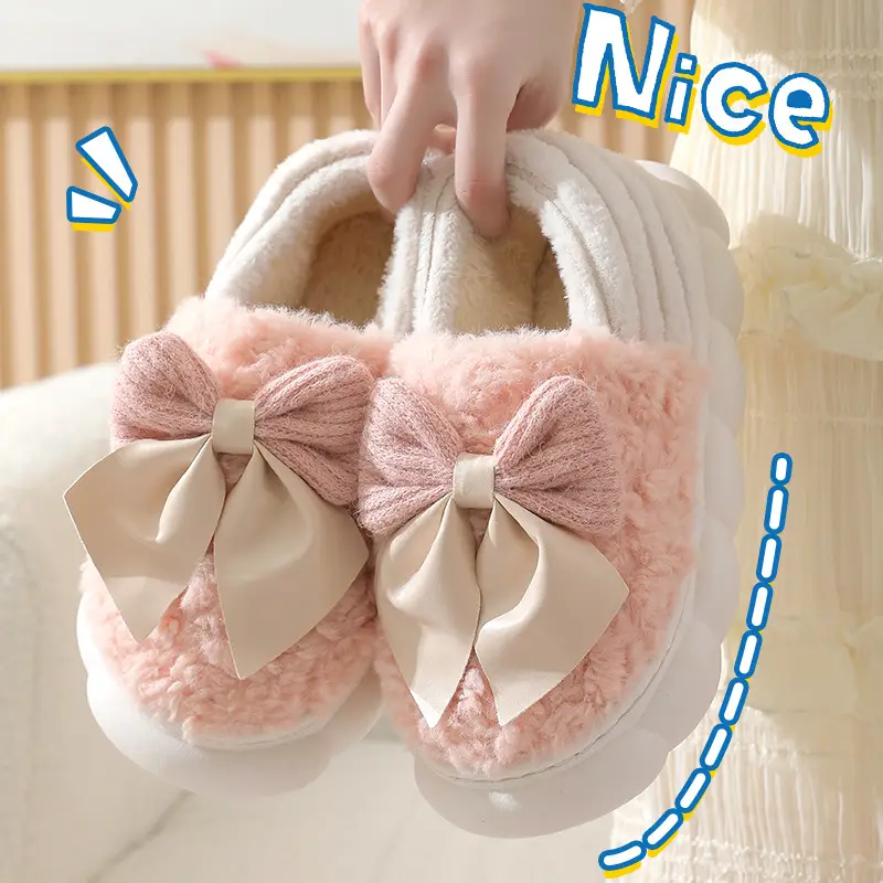 Cotton Slippers Women's Autumn and Winter 2024 New Household Cute Cartoon Bow Rabbit Warm Plush Cotton Slippers Women