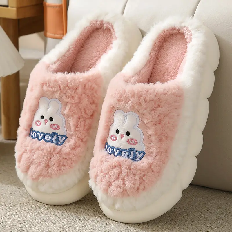 Cotton Slippers Women's Autumn and Winter 2024 New Household Cute Cartoon Bow Rabbit Warm Plush Cotton Slippers Women
