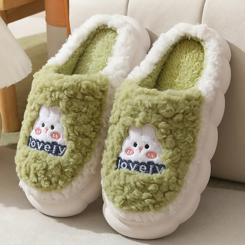 Cotton Slippers Women's Autumn and Winter 2024 New Household Cute Cartoon Bow Rabbit Warm Plush Cotton Slippers Women