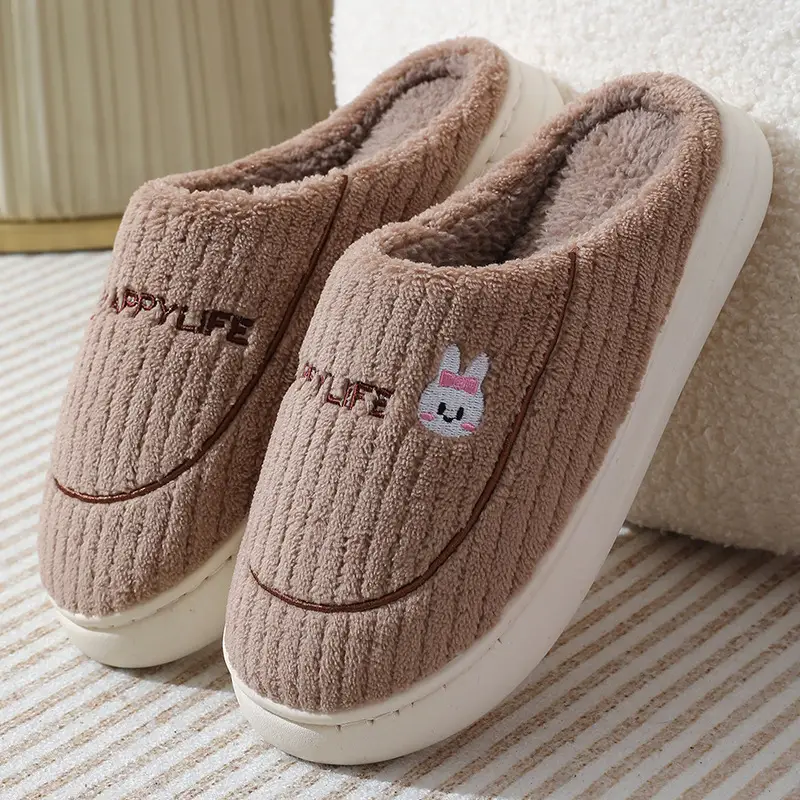Cotton Slippers Women's Autumn and Winter 2024 New Household Cute Cartoon Bow Rabbit Warm Plush Cotton Slippers Women