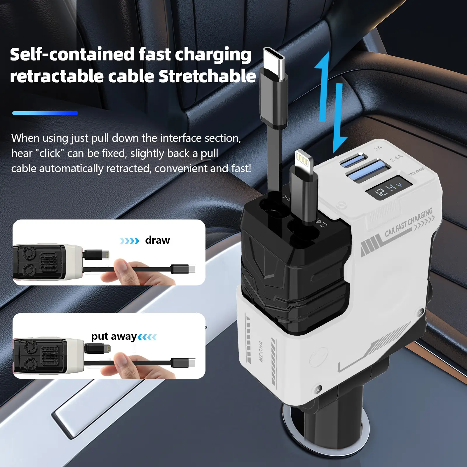Mecha Car Charger 120W Super Fast 4-in-1 Pink