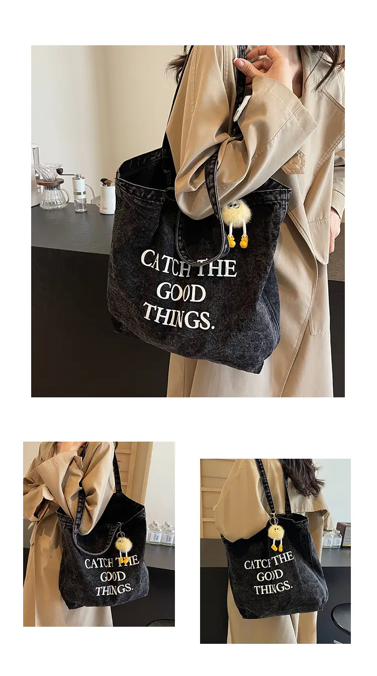 Korean Style Catch The Good Things Denim Tote Bag — feature 8