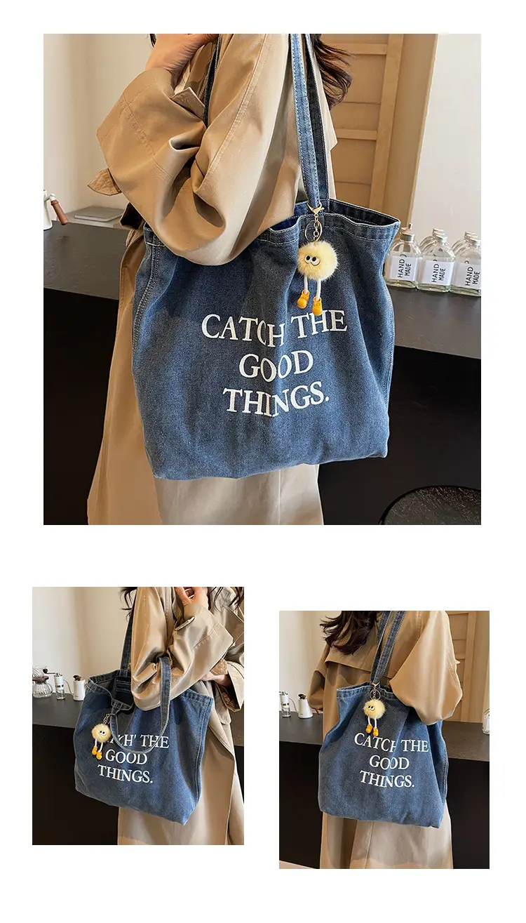 Korean Style Catch The Good Things Denim Tote Bag — feature 9