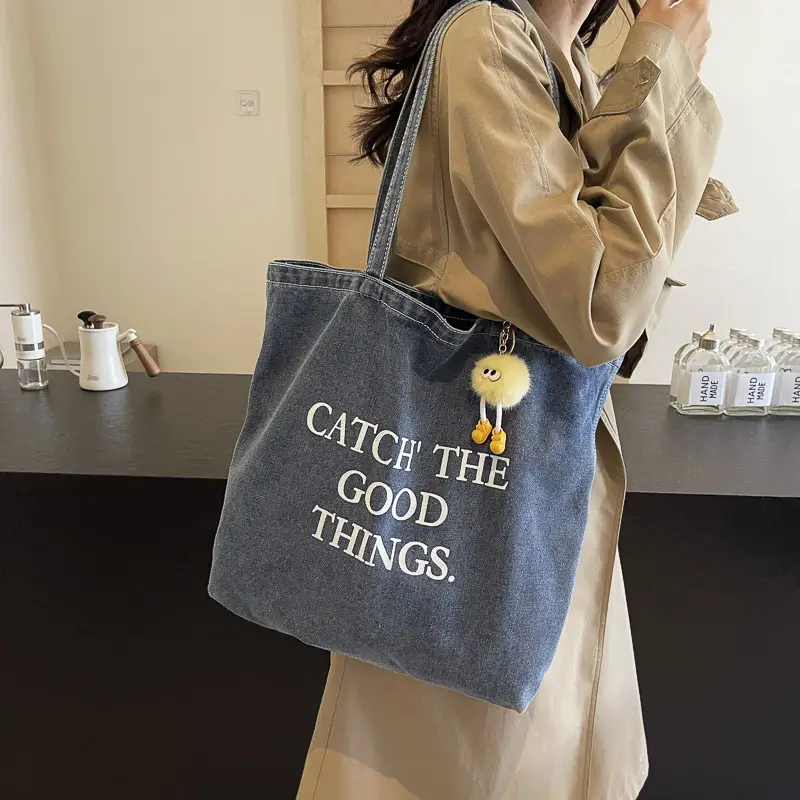 Korean Style Catch The Good Things Denim Tote Bag - Image 2