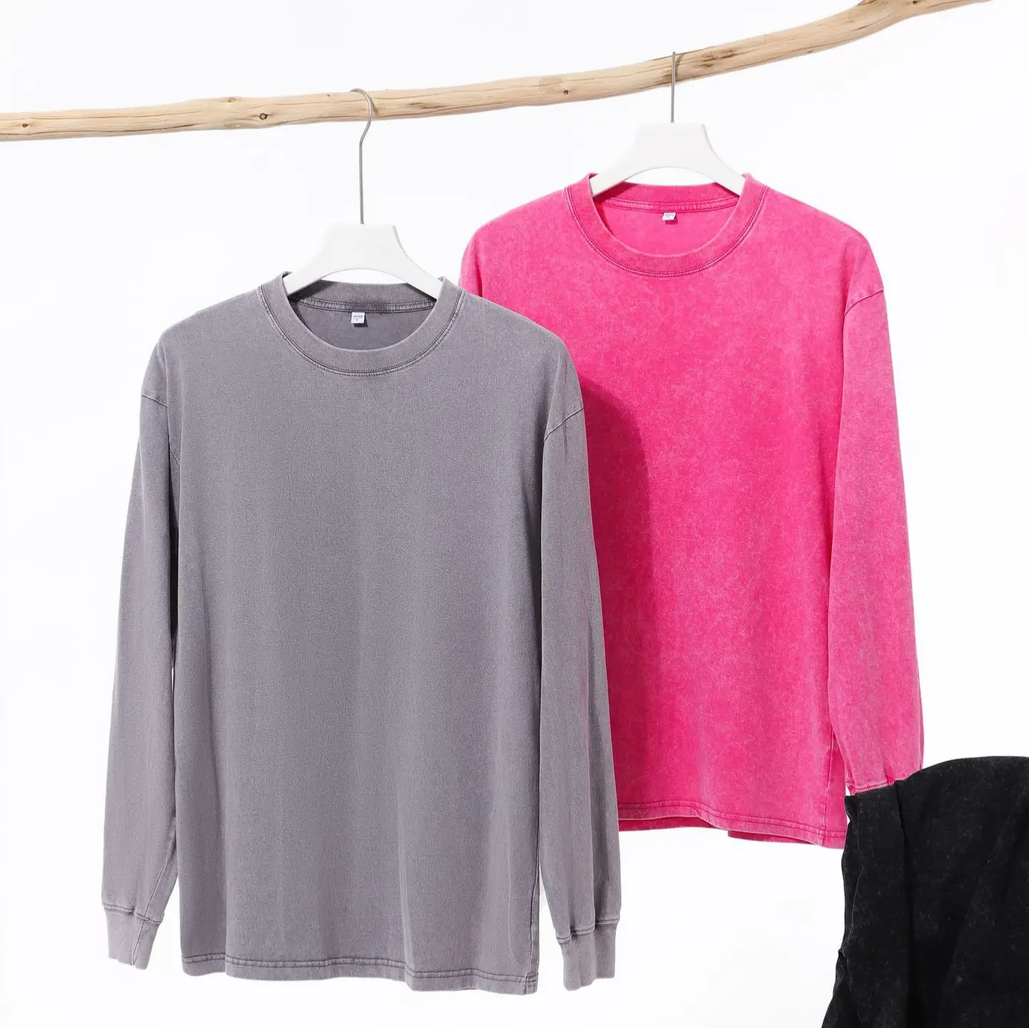Men Cotton Long Sleeve T-Shirt Grey Pink 230g