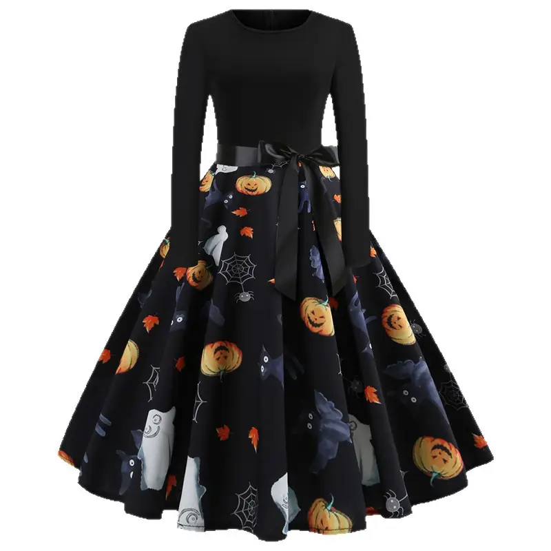 Halloween Crew Neck Printed Skirt Dress for Women
