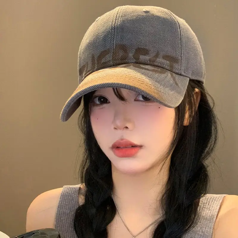 Women's Washed Old Letter Baseball Cap Blue Retro Large Head