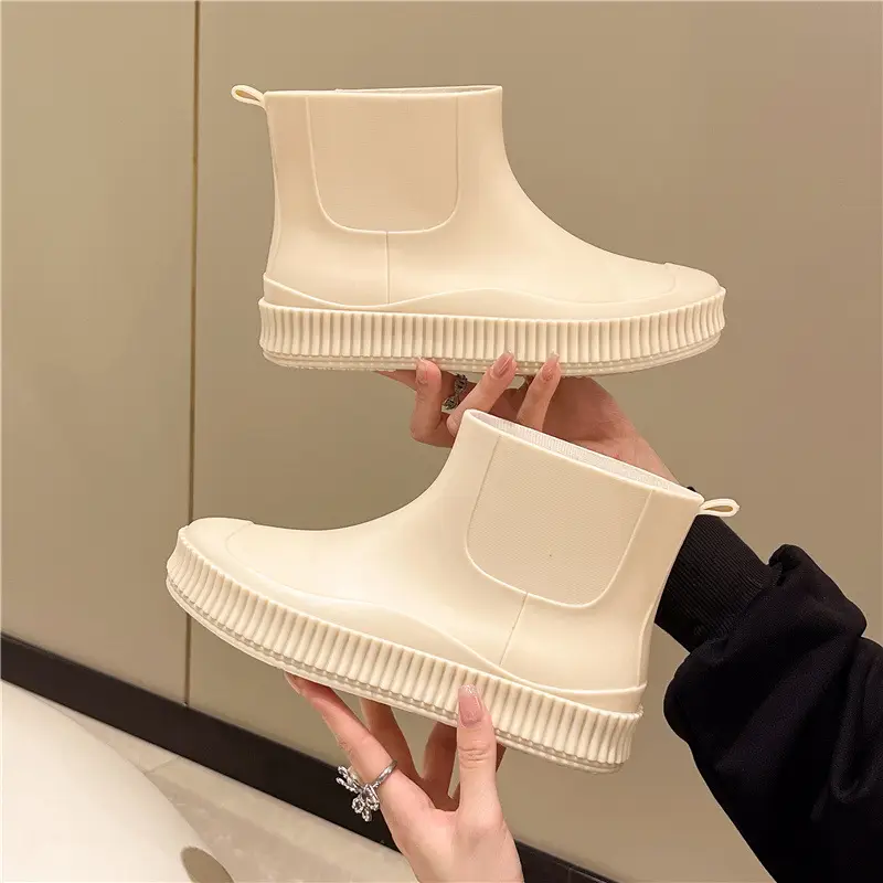 Fashion Short Tube Women's Rain Shoes PVC Low-top Flat Solid Color Water Shoes Kitchen Waterproof Shoes Cross-border Rain Boots overshoes for Women - Image 4