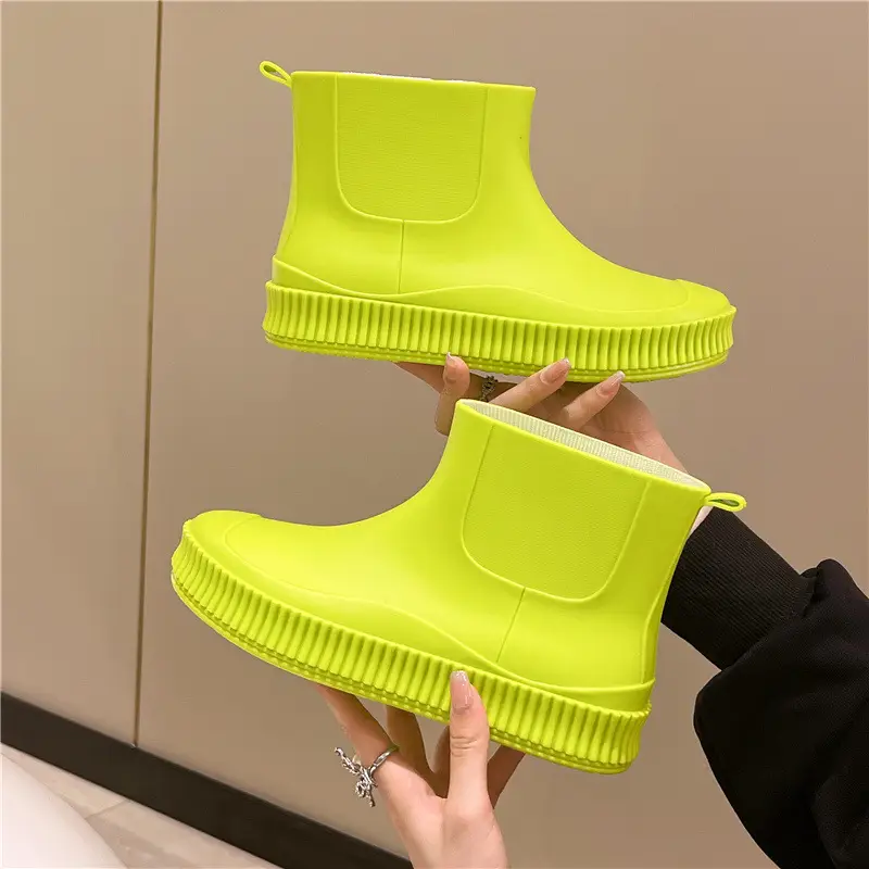 Fashion Short Tube Women's Rain Shoes PVC Low-top Flat Solid Color Water Shoes Kitchen Waterproof Shoes Cross-border Rain Boots overshoes for Women - Image 2