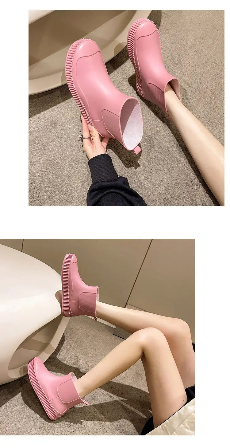 Fashion Short Tube Women's Rain Shoes PVC Low-top Flat Solid Color Water Shoes Kitchen Waterproof Shoes Cross-border Rain Boots overshoes for Women — feature 10