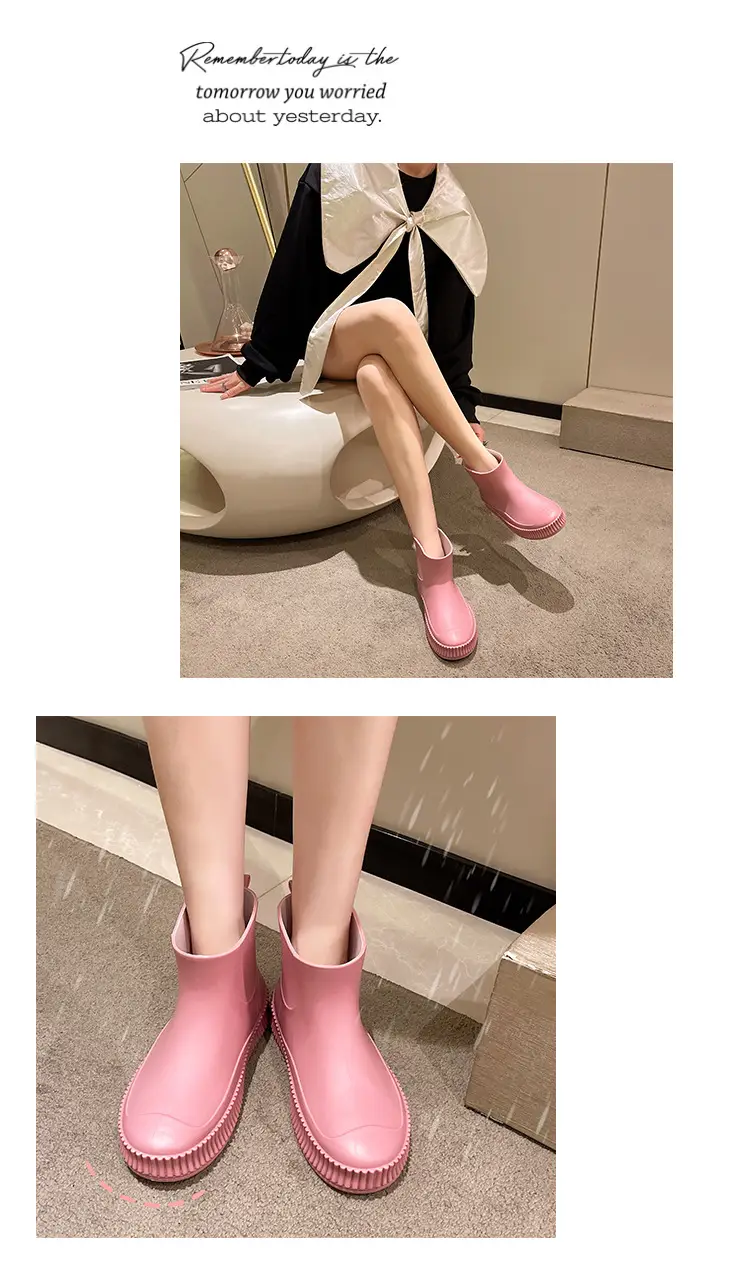 Fashion Short Tube Women's Rain Shoes PVC Low-top Flat Solid Color Water Shoes Kitchen Waterproof Shoes Cross-border Rain Boots overshoes for Women — feature 11