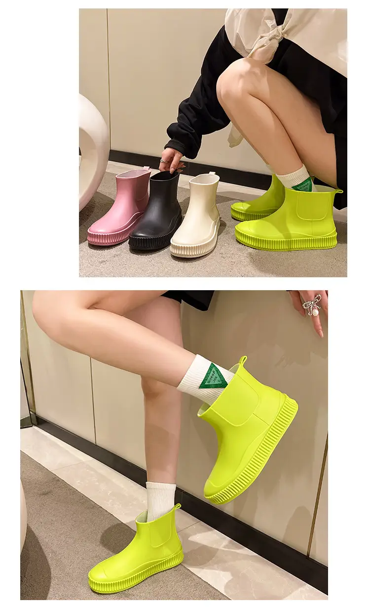 Fashion Short Tube Women's Rain Shoes PVC Low-top Flat Solid Color Water Shoes Kitchen Waterproof Shoes Cross-border Rain Boots overshoes for Women — feature 12
