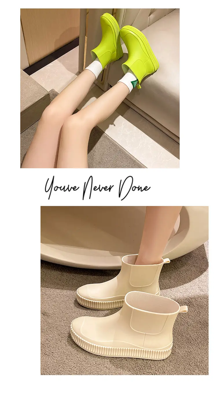 Fashion Short Tube Women's Rain Shoes PVC Low-top Flat Solid Color Water Shoes Kitchen Waterproof Shoes Cross-border Rain Boots overshoes for Women — feature 13
