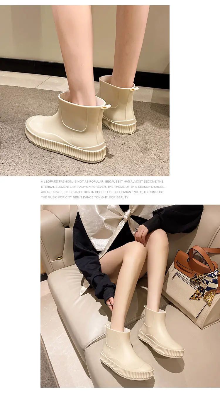 Fashion Short Tube Women's Rain Shoes PVC Low-top Flat Solid Color Water Shoes Kitchen Waterproof Shoes Cross-border Rain Boots overshoes for Women — feature 14