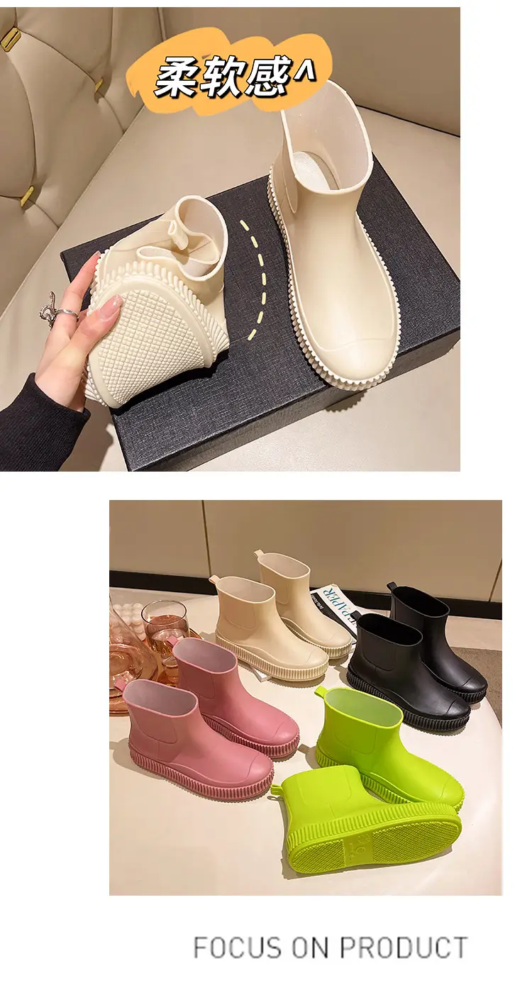 Fashion Short Tube Women's Rain Shoes PVC Low-top Flat Solid Color Water Shoes Kitchen Waterproof Shoes Cross-border Rain Boots overshoes for Women — feature 15