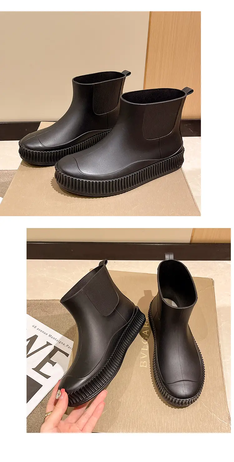 Fashion Short Tube Women's Rain Shoes PVC Low-top Flat Solid Color Water Shoes Kitchen Waterproof Shoes Cross-border Rain Boots overshoes for Women — feature 16