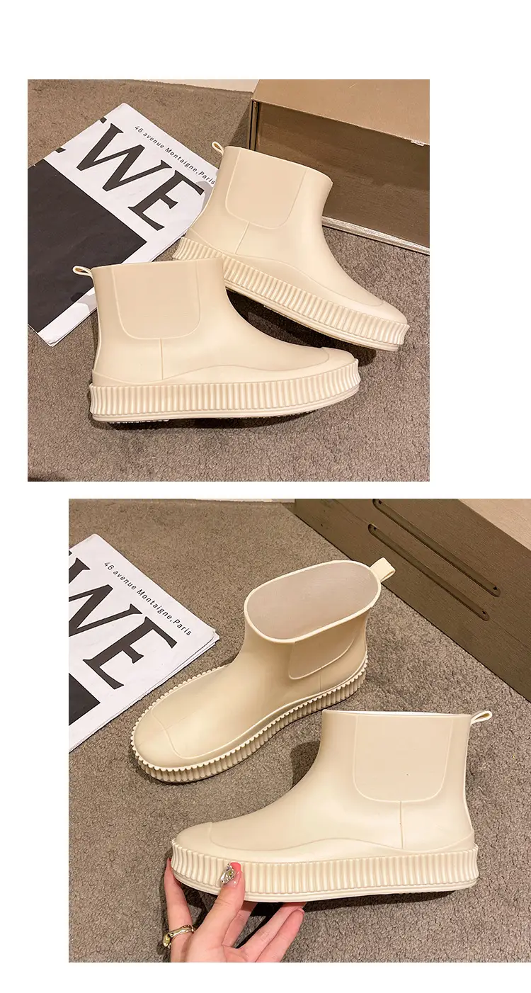 Fashion Short Tube Women's Rain Shoes PVC Low-top Flat Solid Color Water Shoes Kitchen Waterproof Shoes Cross-border Rain Boots overshoes for Women — feature 17