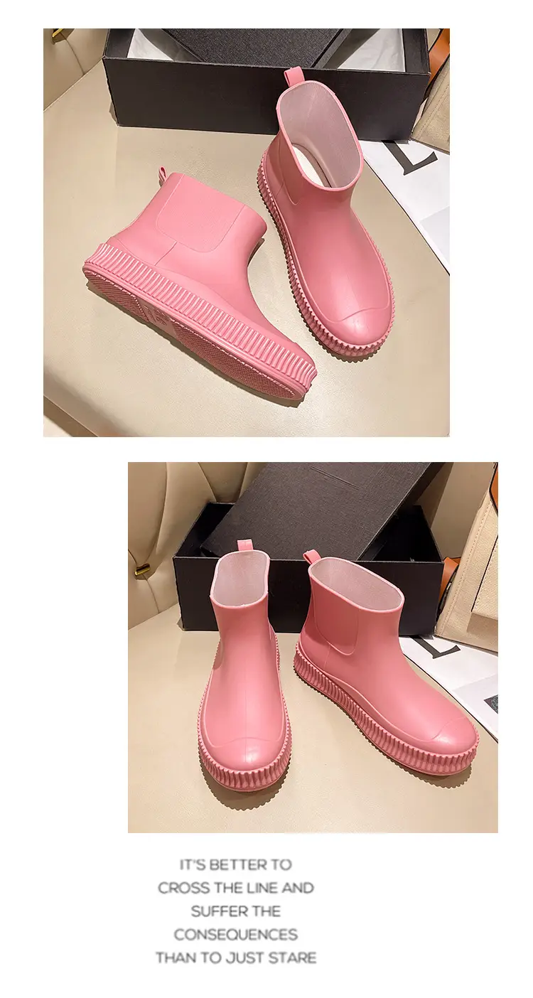 Fashion Short Tube Women's Rain Shoes PVC Low-top Flat Solid Color Water Shoes Kitchen Waterproof Shoes Cross-border Rain Boots overshoes for Women — feature 19