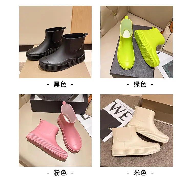 Fashion Short Tube Women's Rain Shoes PVC Low-top Flat Solid Color Water Shoes Kitchen Waterproof Shoes Cross-border Rain Boots overshoes for Women — feature 4