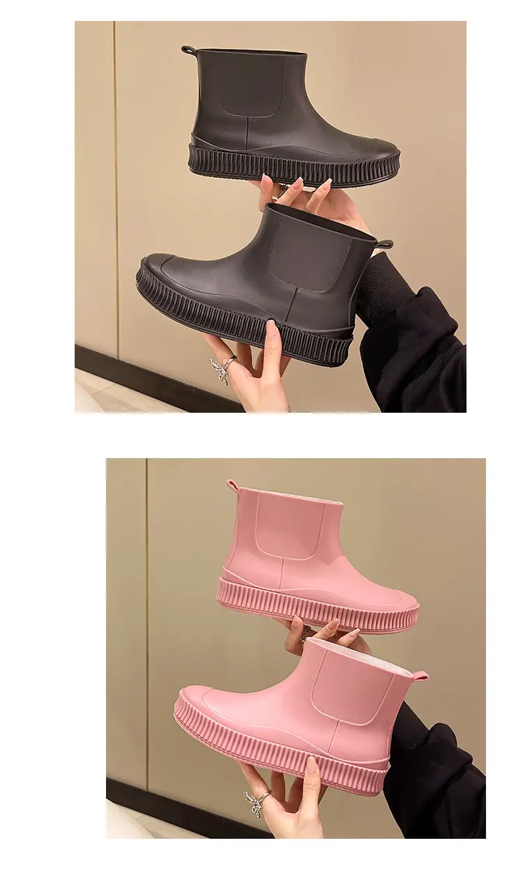 Fashion Short Tube Women's Rain Shoes PVC Low-top Flat Solid Color Water Shoes Kitchen Waterproof Shoes Cross-border Rain Boots overshoes for Women — feature 6