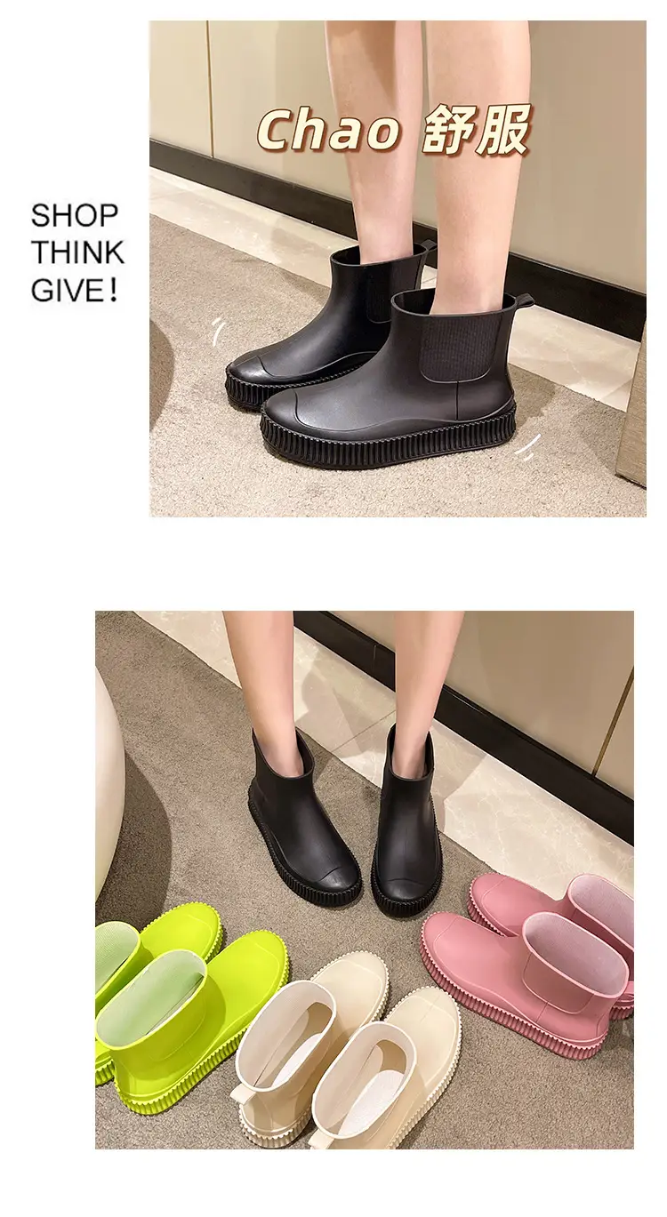 Fashion Short Tube Women's Rain Shoes PVC Low-top Flat Solid Color Water Shoes Kitchen Waterproof Shoes Cross-border Rain Boots overshoes for Women — feature 7