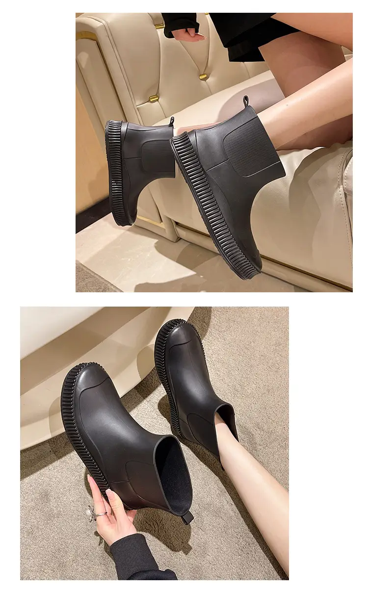 Fashion Short Tube Women's Rain Shoes PVC Low-top Flat Solid Color Water Shoes Kitchen Waterproof Shoes Cross-border Rain Boots overshoes for Women — feature 8