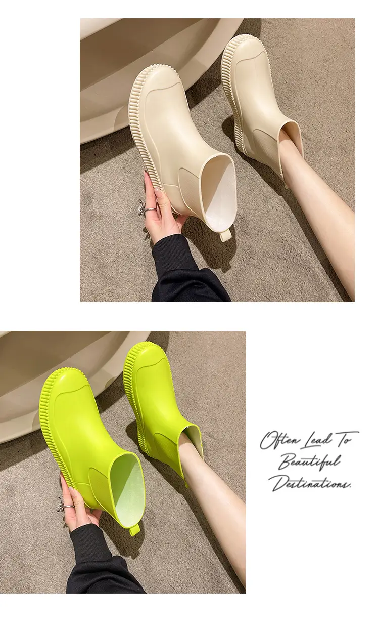 Fashion Short Tube Women's Rain Shoes PVC Low-top Flat Solid Color Water Shoes Kitchen Waterproof Shoes Cross-border Rain Boots overshoes for Women — feature 9