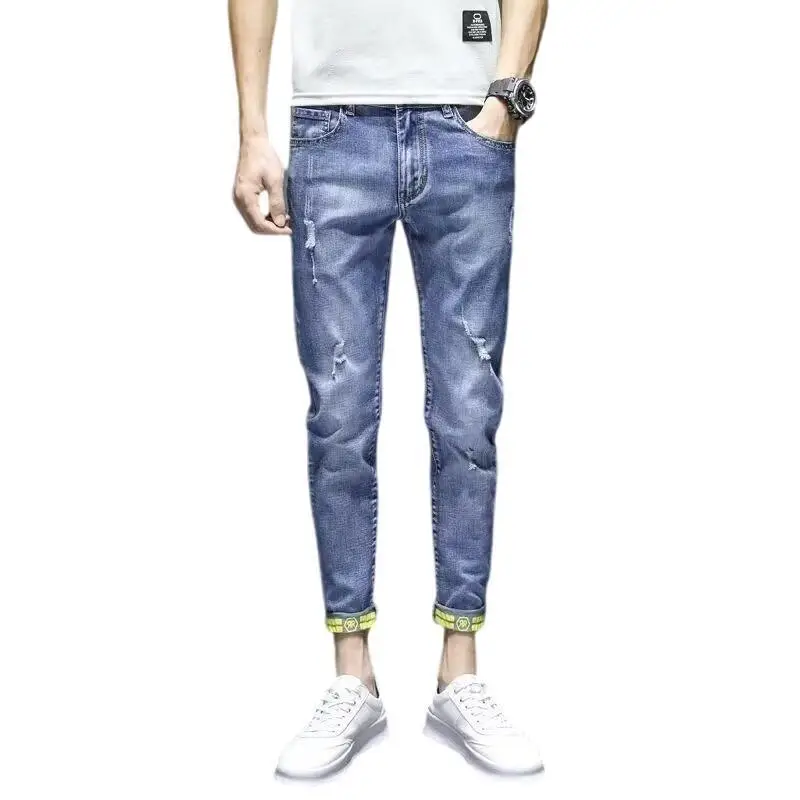 Men Blue Slim Hole Cropped Denim Pants - Image 6