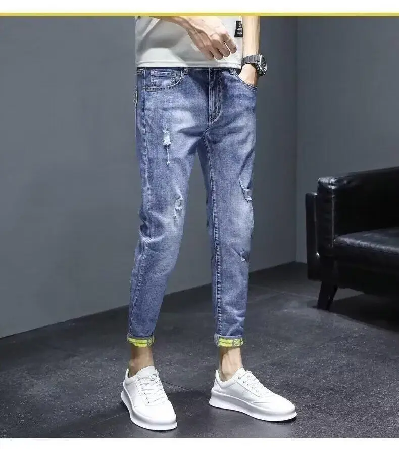 Men Blue Slim Hole Cropped Denim Pants — feature 10