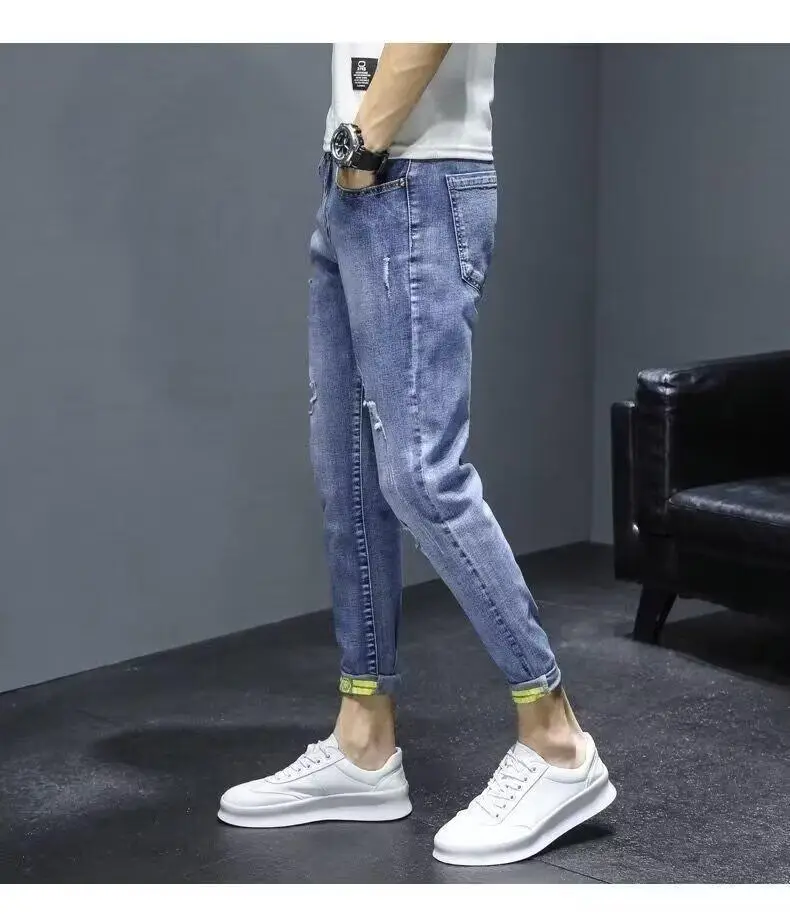 Men Blue Slim Hole Cropped Denim Pants — feature 11