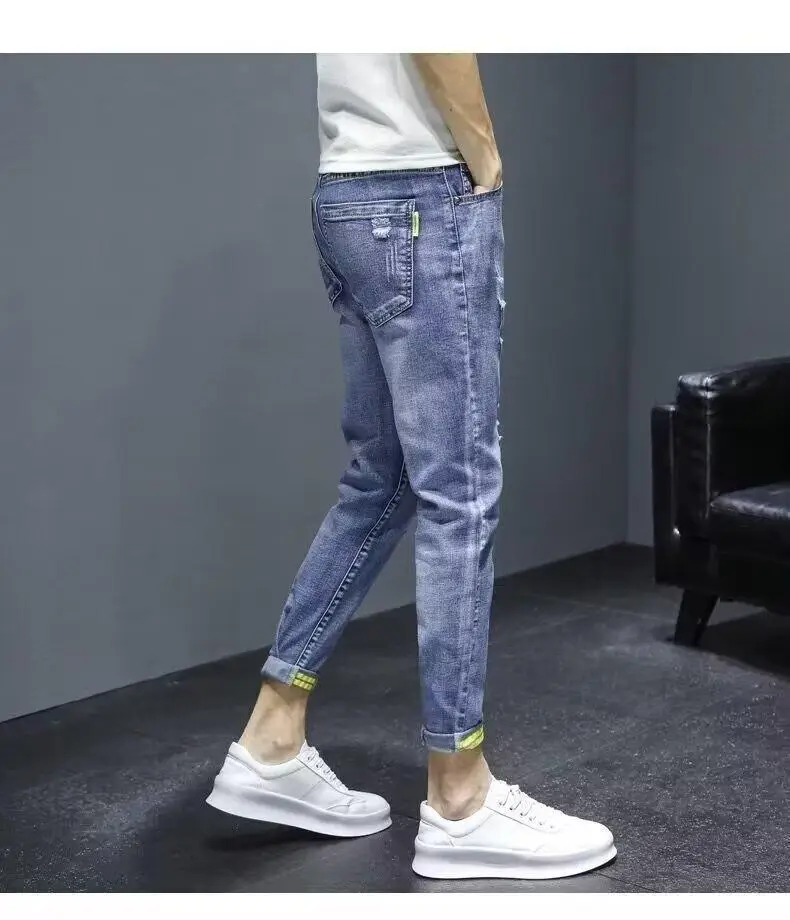 Men Blue Slim Hole Cropped Denim Pants — feature 12
