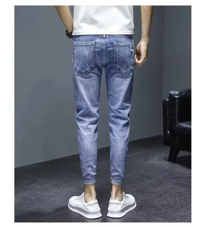 Men Blue Slim Hole Cropped Denim Pants — feature 13