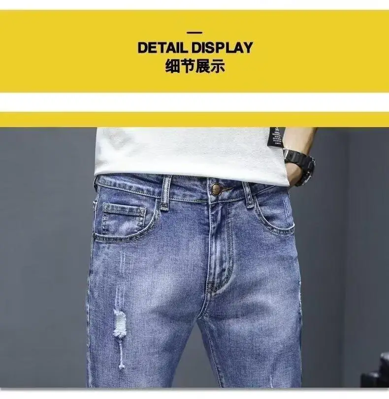 Men Blue Slim Hole Cropped Denim Pants — feature 14