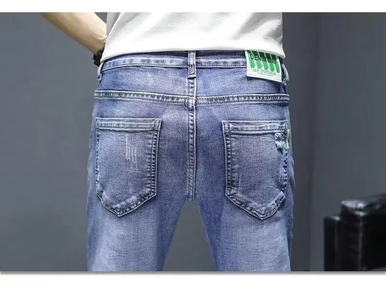 Men Blue Slim Hole Cropped Denim Pants — feature 15