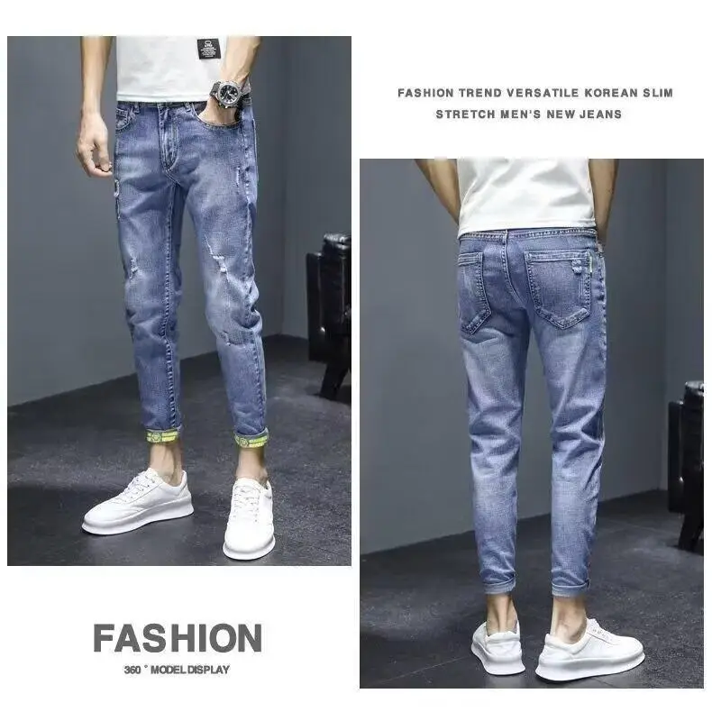 Men Blue Slim Hole Cropped Denim Pants — feature 7
