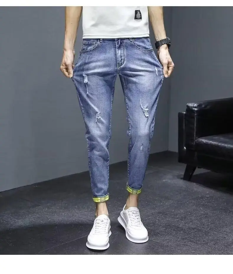 Men Blue Slim Hole Cropped Denim Pants — feature 8