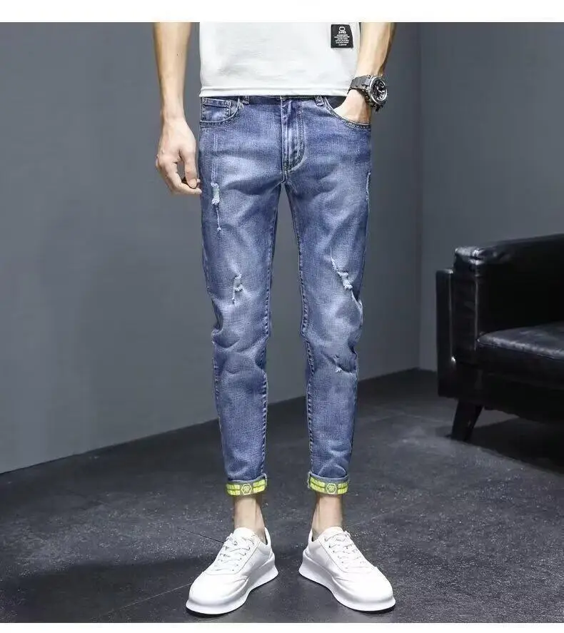 Men Blue Slim Hole Cropped Denim Pants — feature 9