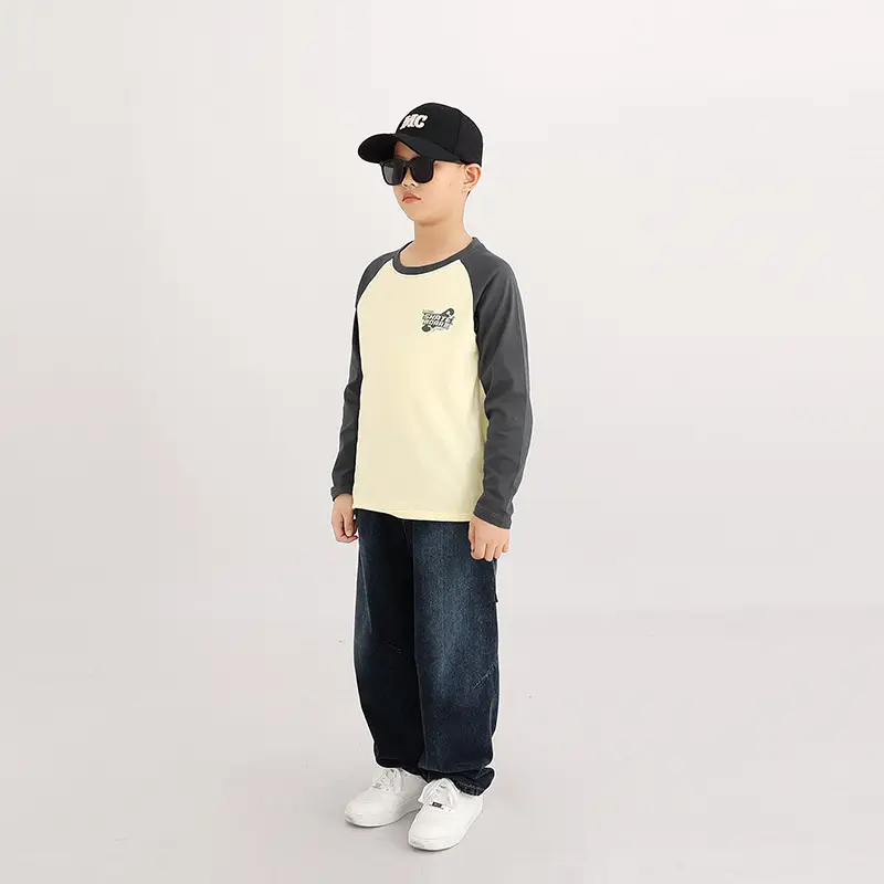 Kids Long Sleeve T-Shirt Cream Grey Baseball Cap Set - Image 5