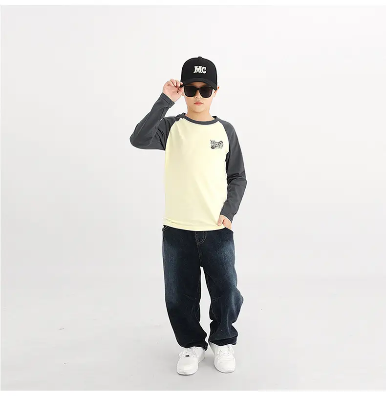 Kids Long Sleeve T-Shirt Cream Grey Baseball Cap Set — feature 48
