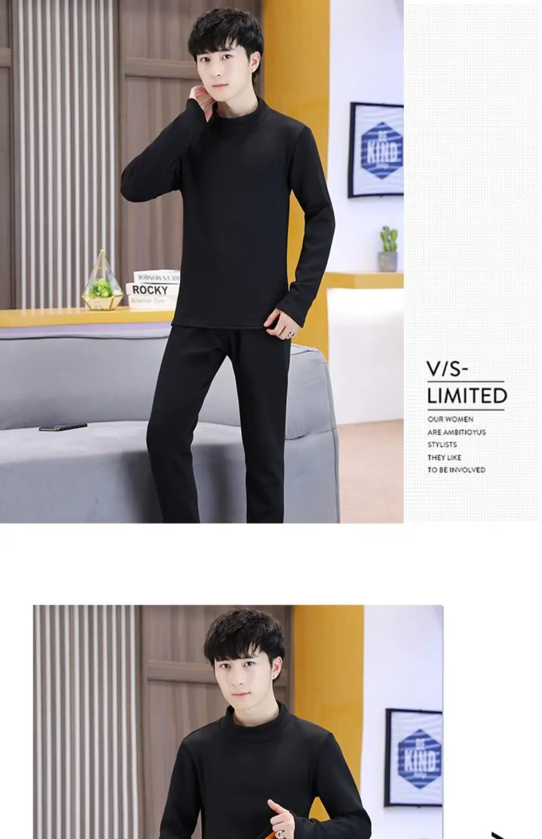 Men's Black Fleece Thermal Underwear Thickened — feature 3