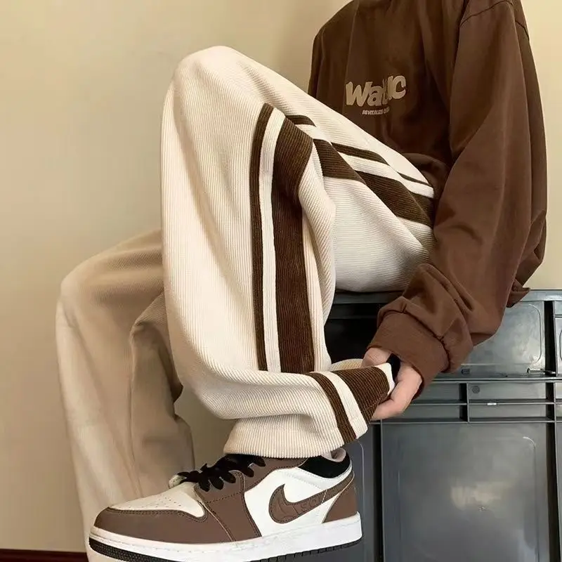 Men Brown Corduroy Straight Leg Sweat Pants Loose Fit - Image 18