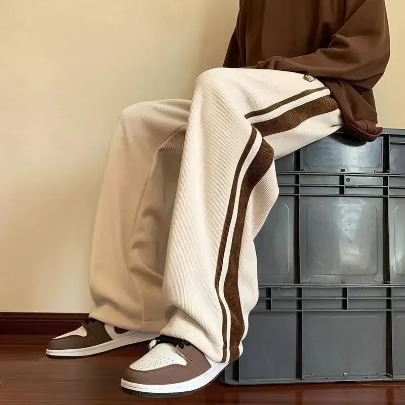 Men Brown Corduroy Straight Leg Sweat Pants Loose Fit - Image 12