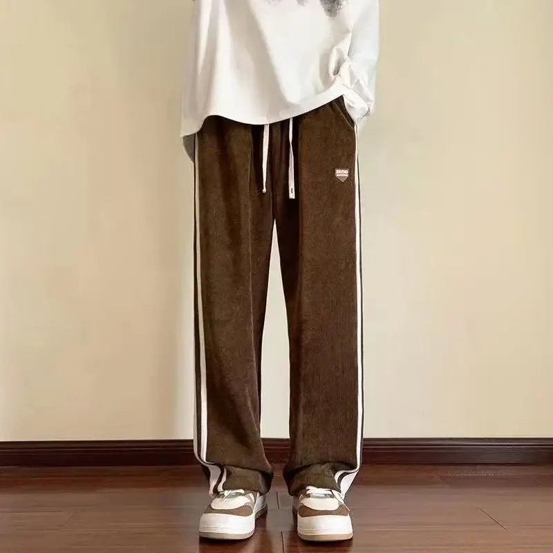 Men Brown Corduroy Straight Leg Sweat Pants Loose Fit - Image 7