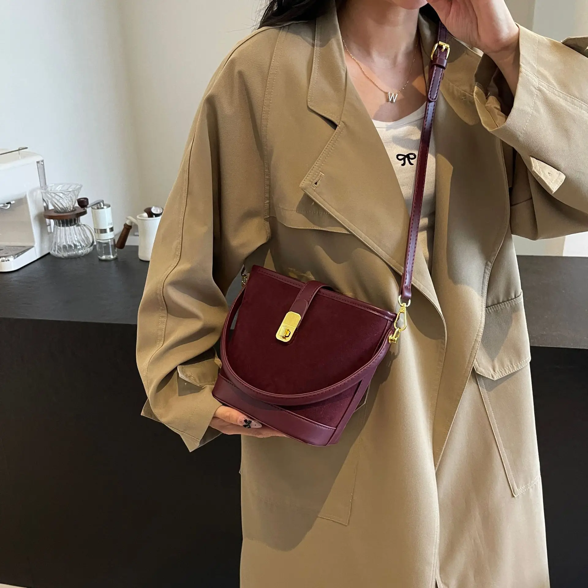 Black Frosted Bucket Bag for Women Shoulder Crossbody - Image 5