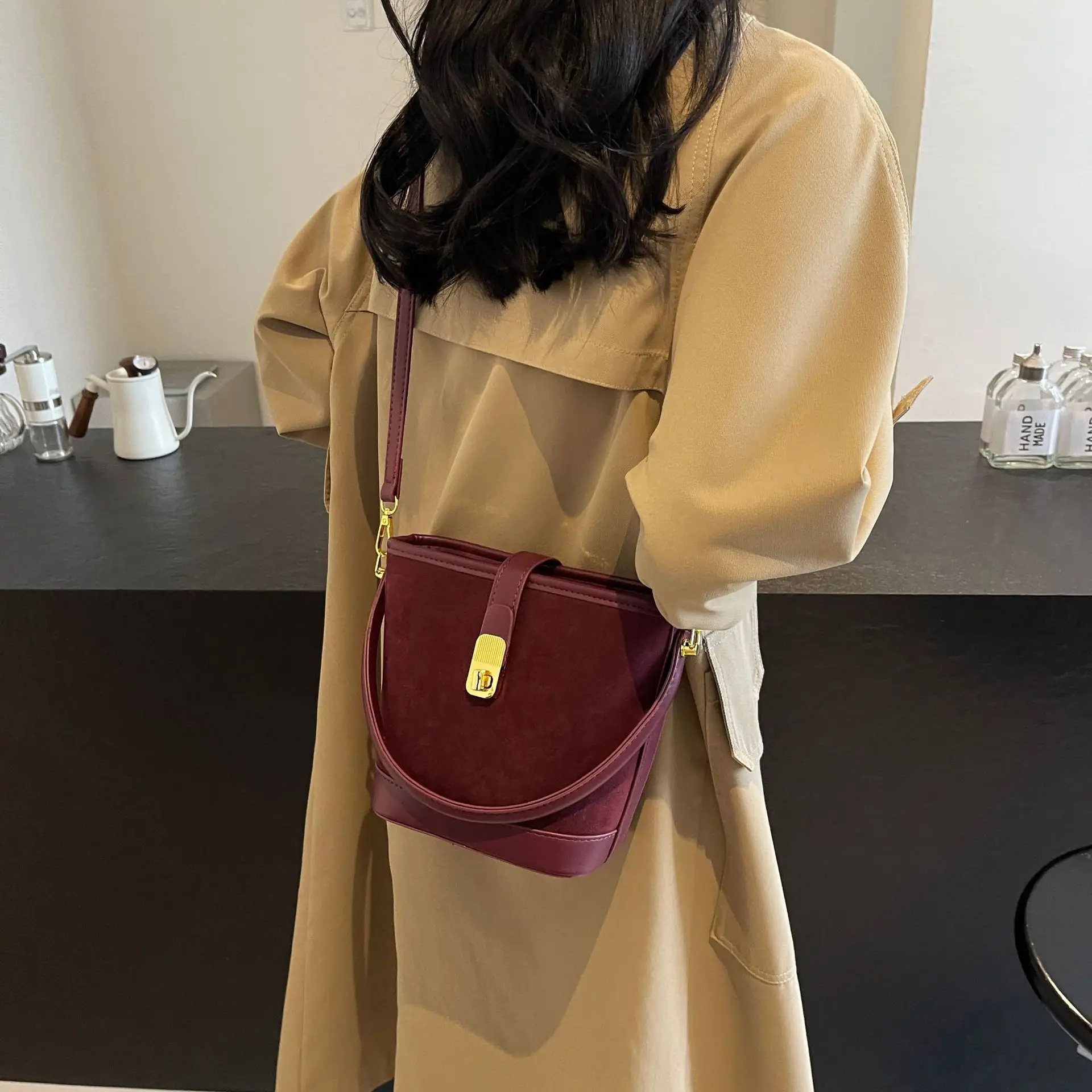 Black Frosted Bucket Bag for Women Shoulder Crossbody - Image 6